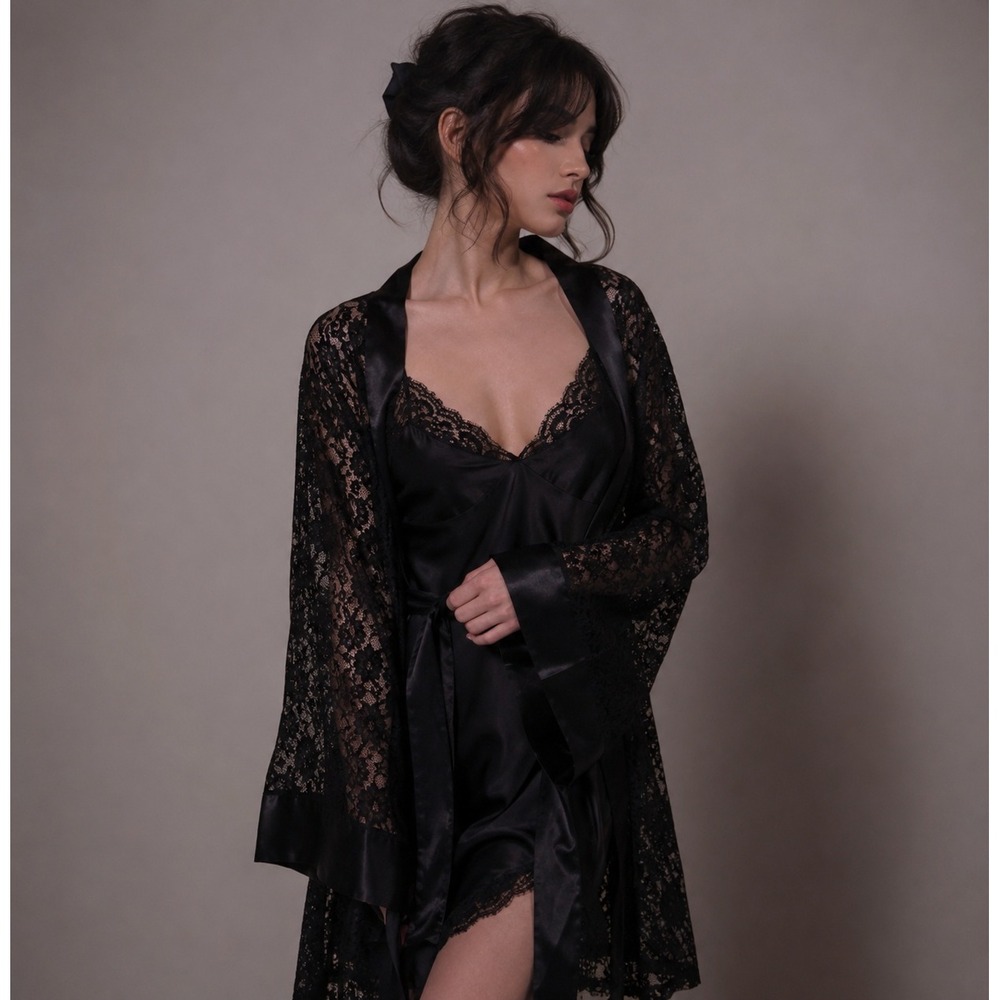 Vintage Victoria's Secret Gold Label Black Lace Satin Trim Robe One Size Boudoir